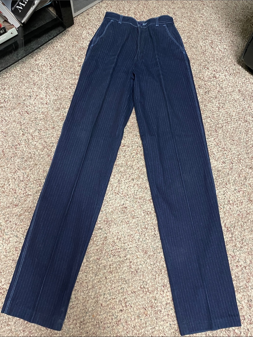 Vintage 80s ultra high rise dark Pinstripe jeans with accent stitch